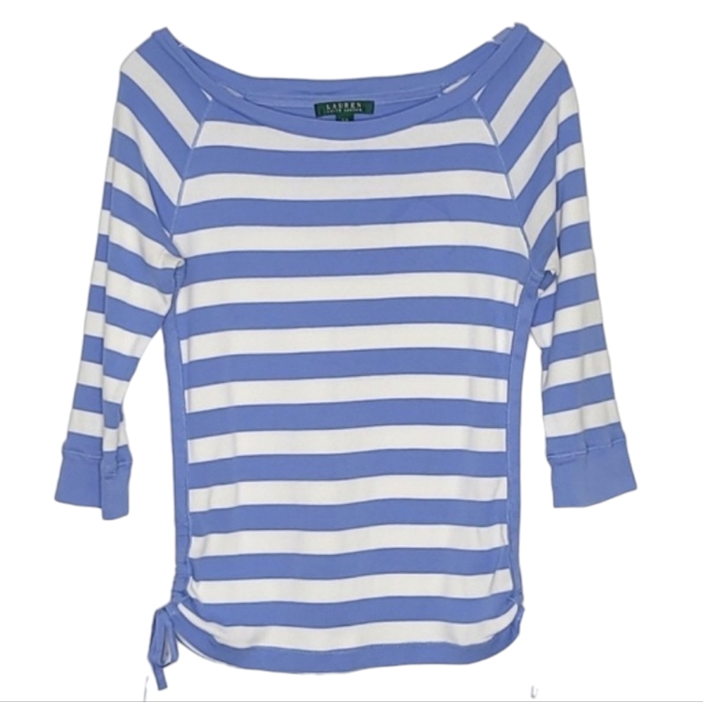 LRL Preppy Nautical Periwinkle Blue White Stripe 3/4 Sleeve Boatneck Shirt small